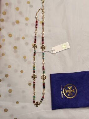 Tory Burch Multicolor Beaded Necklace with Gold Logo Accents